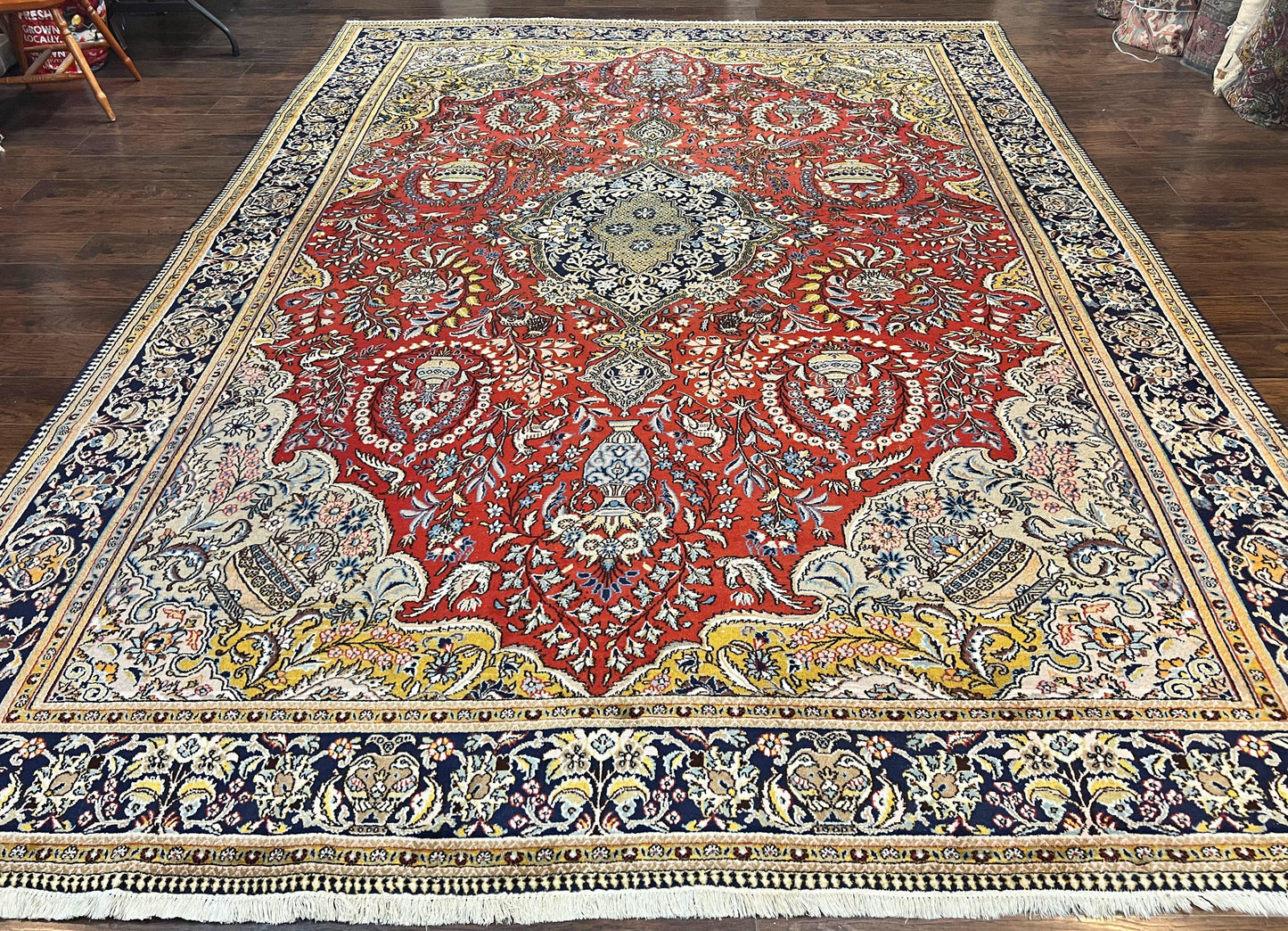 Wonderful Persian Qum Rug 10x14, Wool w/ Silk Highlights, Hand Knotted Semi Antique Vintage Carpet, Red, Floral, Fine Weave, Birds Deer Pictorials - Nuvé