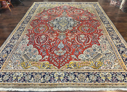 Wonderful Persian Qum Rug 10x14, Wool w/ Silk Highlights, Hand Knotted Semi Antique Vintage Carpet, Red, Floral, Fine Weave, Birds Deer Pictorials - Nuvé