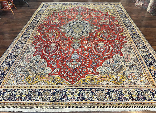 Wonderful Persian Qum Rug 10x14, Wool w/ Silk Highlights, Hand Knotted Semi Antique Vintage Carpet, Red, Floral, Fine Weave, Birds Deer Pictorials - Nuvé