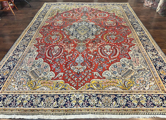 Wonderful Persian Qum Rug 10x14, Wool w/ Silk Highlights, Hand Knotted Semi Antique Vintage Carpet, Red, Floral, Fine Weave, Birds Deer Pictorials - Nuvé