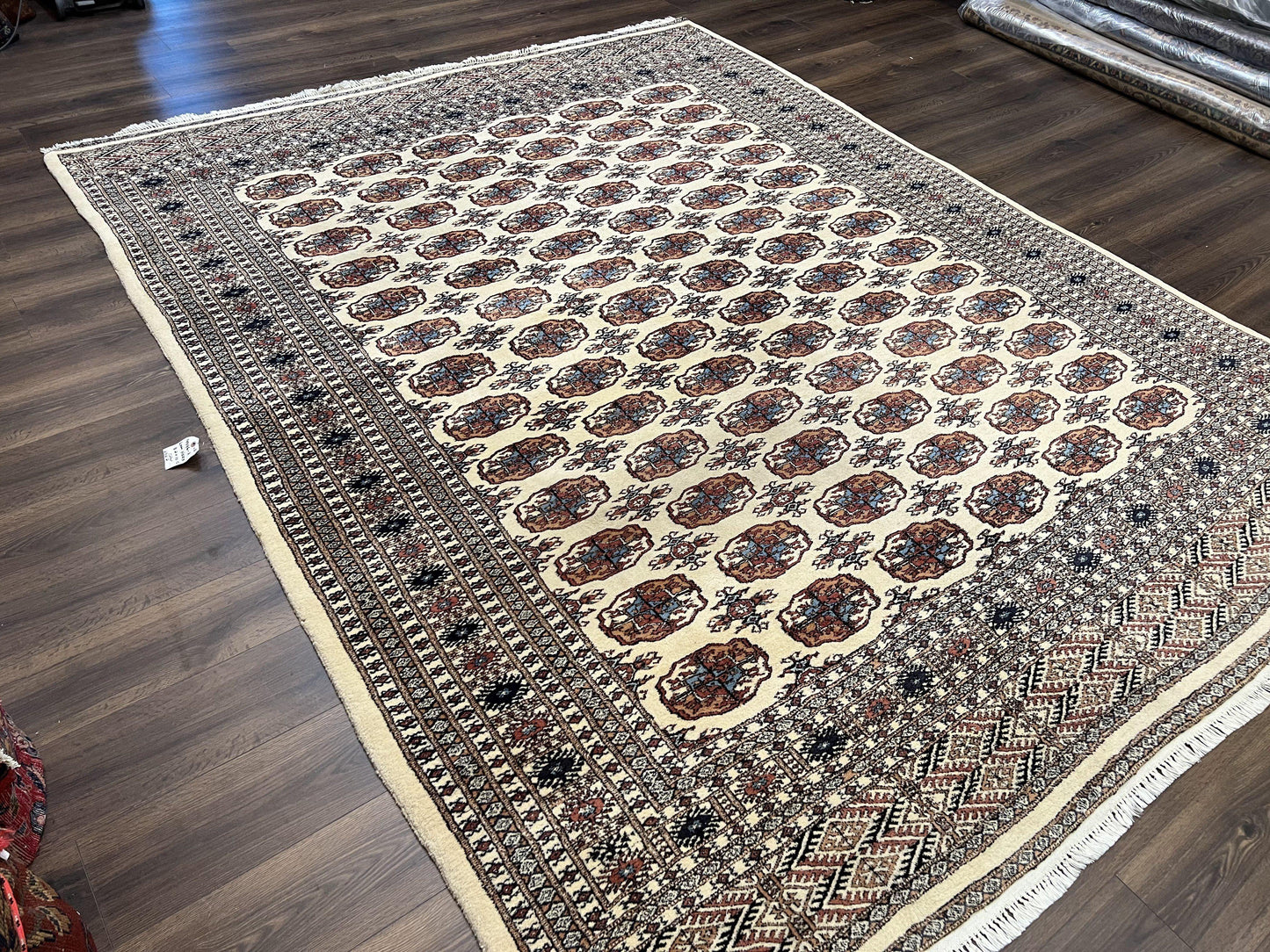 Pakistani Bokhara Rug 8x10, Traditional Turkoman Tribal Carpet, Allover Repeated Elephant Foot Motif, Ivory/Cream Black Red, Vintage Handmade - Nuvé