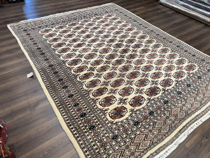 Pakistani Bokhara Rug 8x10, Traditional Turkoman Tribal Carpet, Allover Repeated Elephant Foot Motif, Ivory/Cream Black Red, Vintage Handmade - Nuvé