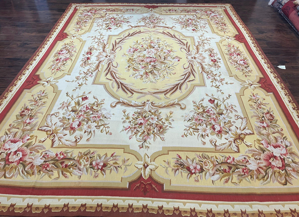 Aubusson Rug 9x12, Elegant Flatweave Savonnerie Carpet 9 x 12 ft, Ivory Light Yellow Red, Handmade Wool Flatweave French European Rug