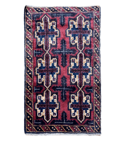 2' 7" X 4' 6" Vintage Handmade Tribal Wool Rug Balouchi Rug Afghan Rug Red Blue