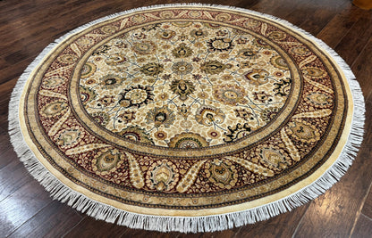 Round Pak Persian Rug 8x8, Vintage Handmade Wool Traditional Carpet, Beige Dark Red, Fine 270 KPSI - Nuvé