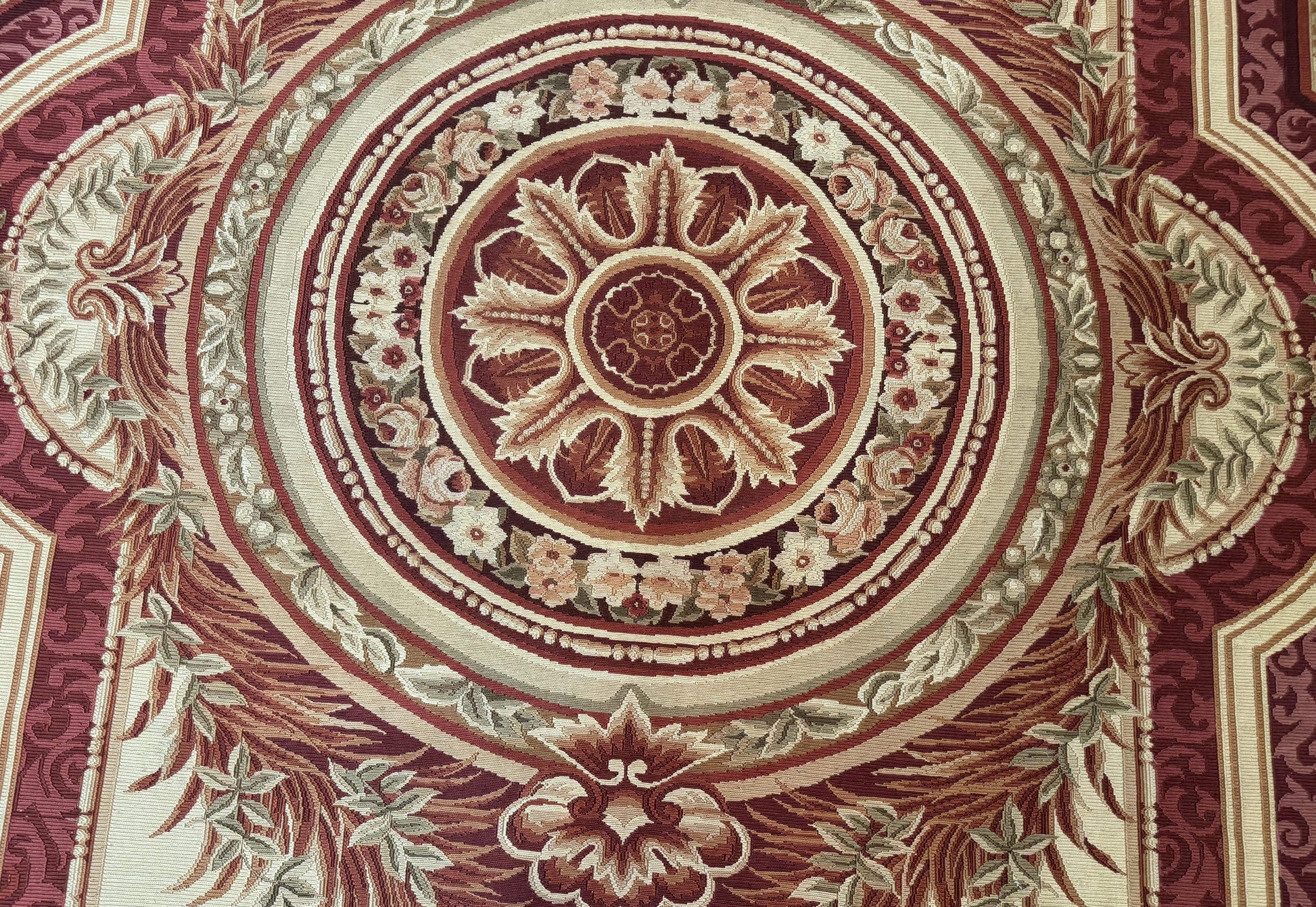 Large Aubusson Rug 10x13, Thick Flatweave Carpet, Elegant European Design, Cream and Raspberry - Nuvé