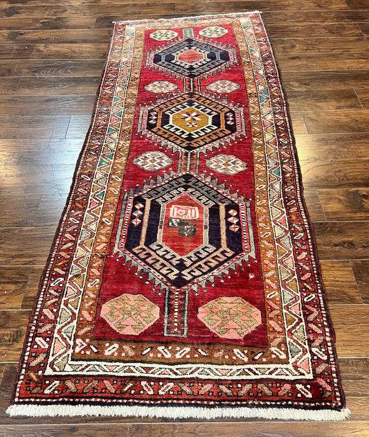 Persian Heriz Runner Rug 3.8 x 8.6, Geometric Design, Large Triple Medallions, Hand Knotted Handmade Vintage Wool Hallway Rug, Red - Nuvé