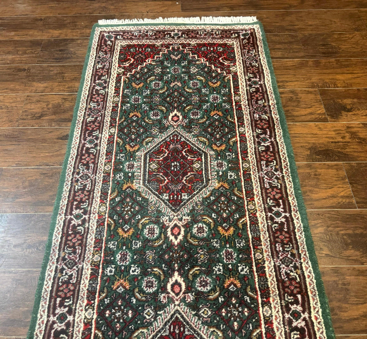 Green Indo Persian Bidjar Runner Rug 3x10, Green and Red - Nuvé