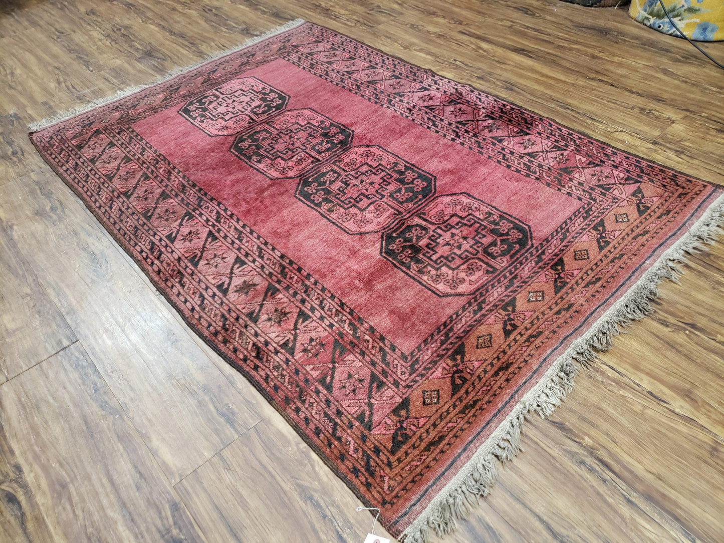 Antique Bukhara Area Rug, Vintage Afghan Bokhara Bashir Rug, 4x6 Hand-Knotted Oriental Carpet, Red & Black Wool Rug, 4' x 5'9 - Nuvé