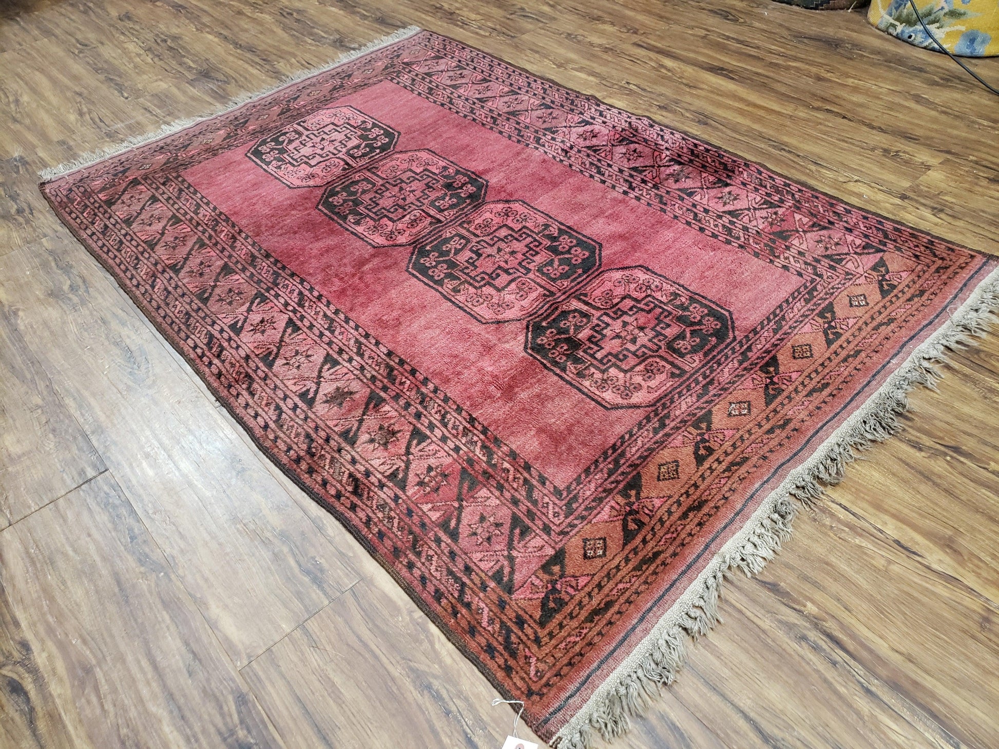 Antique Bukhara Area Rug, Vintage Afghan Bokhara Bashir Rug, 4x6 Hand-Knotted Oriental Carpet, Red & Black Wool Rug, 4' x 5'9 - Nuvé