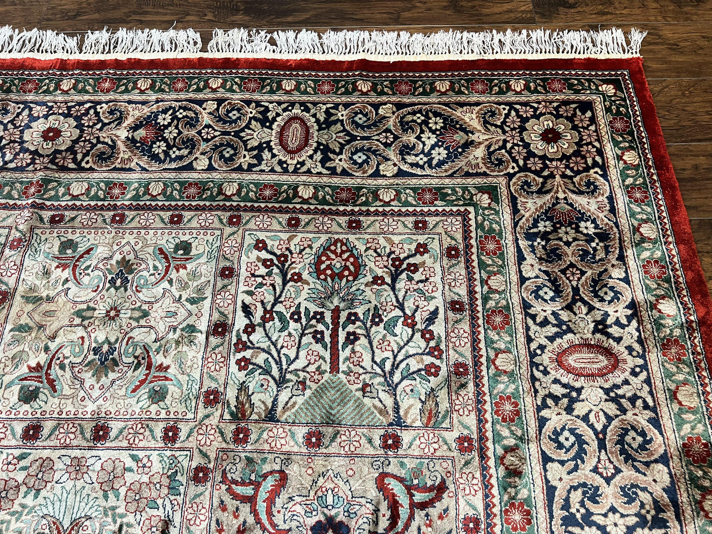 Silk Sino Persian Rug 9x12, Panel Design, Garden of Eden Pattern, Fine 200 KPSI, Hand Knotted Room Sized Silk Carpet, Vintage - Nuvé