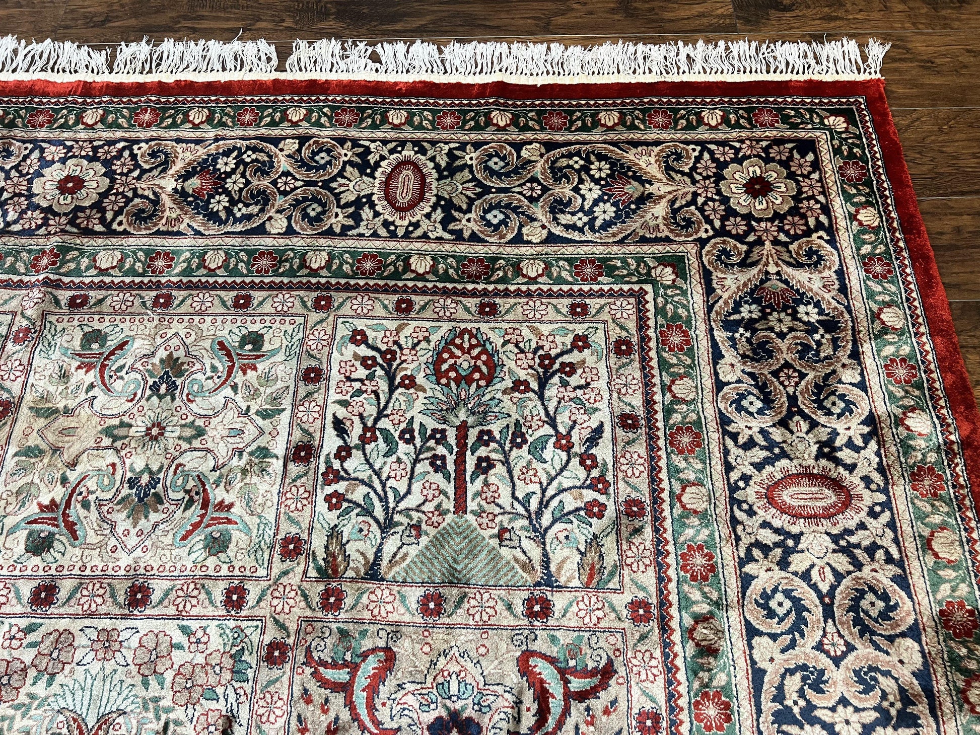 Silk Sino Persian Rug 9x12, Panel Design, Garden of Eden Pattern, Fine 200 KPSI, Hand Knotted Room Sized Silk Carpet, Vintage - Nuvé