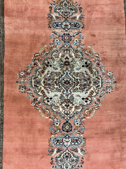Persian Tabriz Rug 10x13, Wool Hand Knotted Vintage Carpet, Salmon Red & Ivory, Semi Open Field, Birds & Animal Motifs, Large Rug - Nuvé