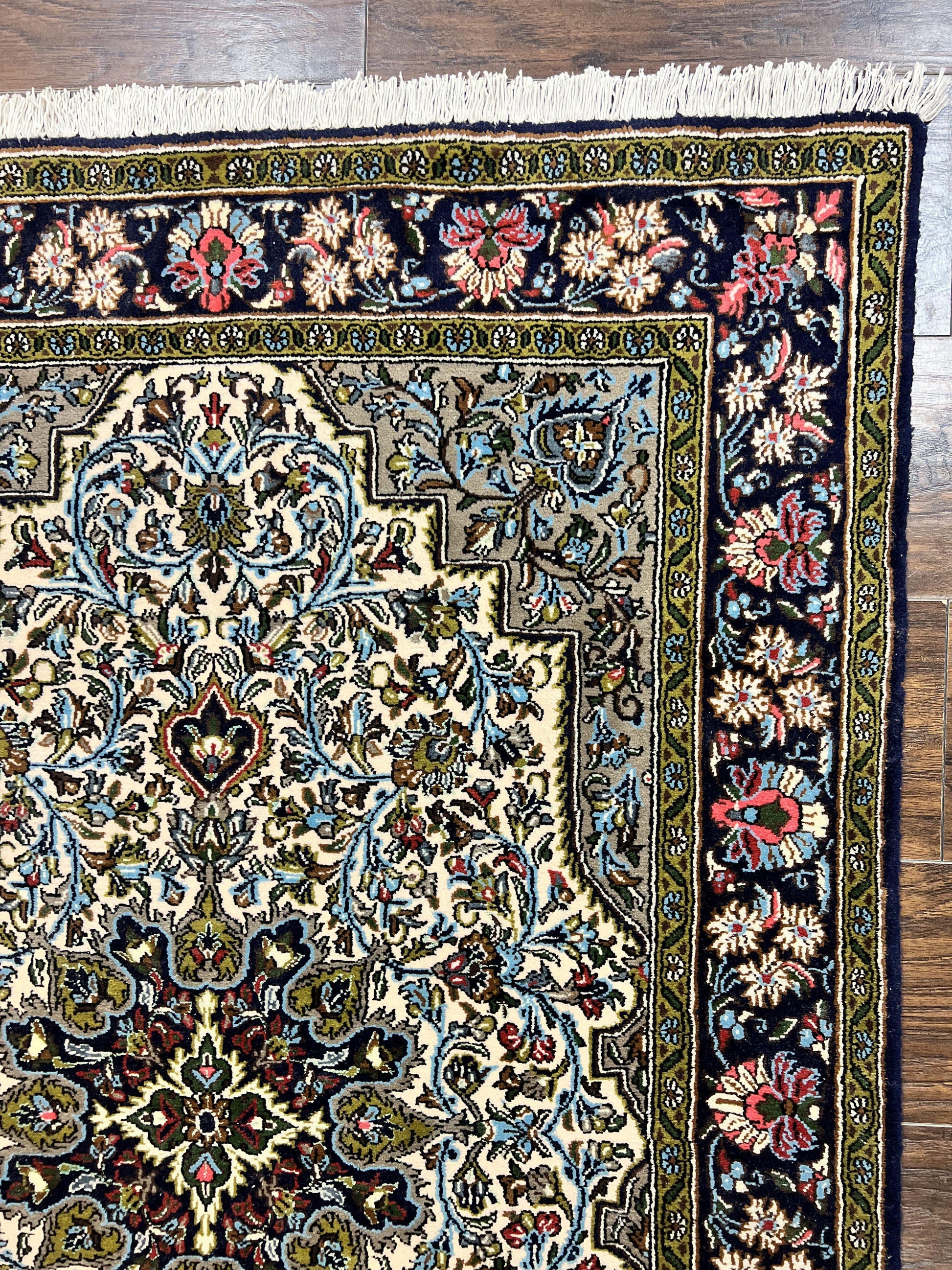 Persian Qum Rug 3x5, Wool with Silk Highlights, Handmade Semi Antique Carpet, Ivory & Navy Blue, Floral Medallion, Finely Hand Knotted - Nuvé