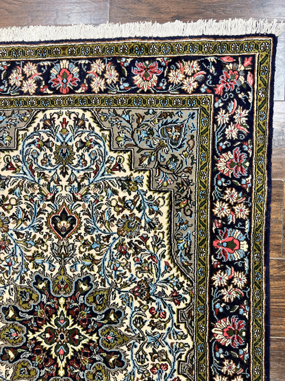 Persian Qum Rug 3x5, Wool with Silk Highlights, Handmade Semi Antique Carpet, Ivory & Navy Blue, Floral Medallion, Finely Hand Knotted - Nuvé
