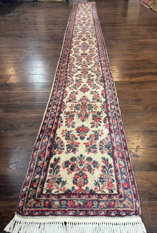 Persian Sarouk Runner Rug 2.4 x 21, Handmade Wool Floral Runner Rug for Hallway, 21ft Runner, Ivory - Nuvé