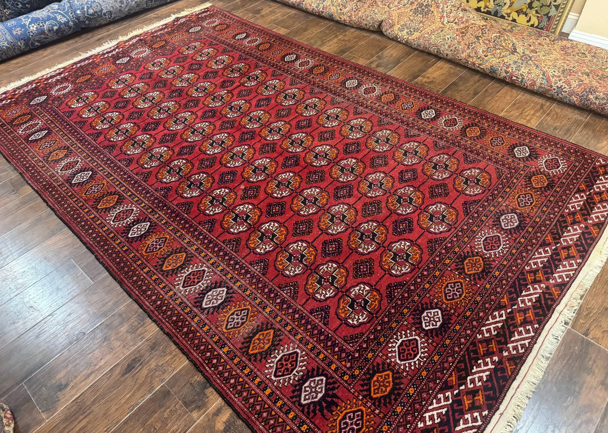Antique Persian Turkoman Bokhara Rug 7x11, Tribal Rug, Red - Nuvé