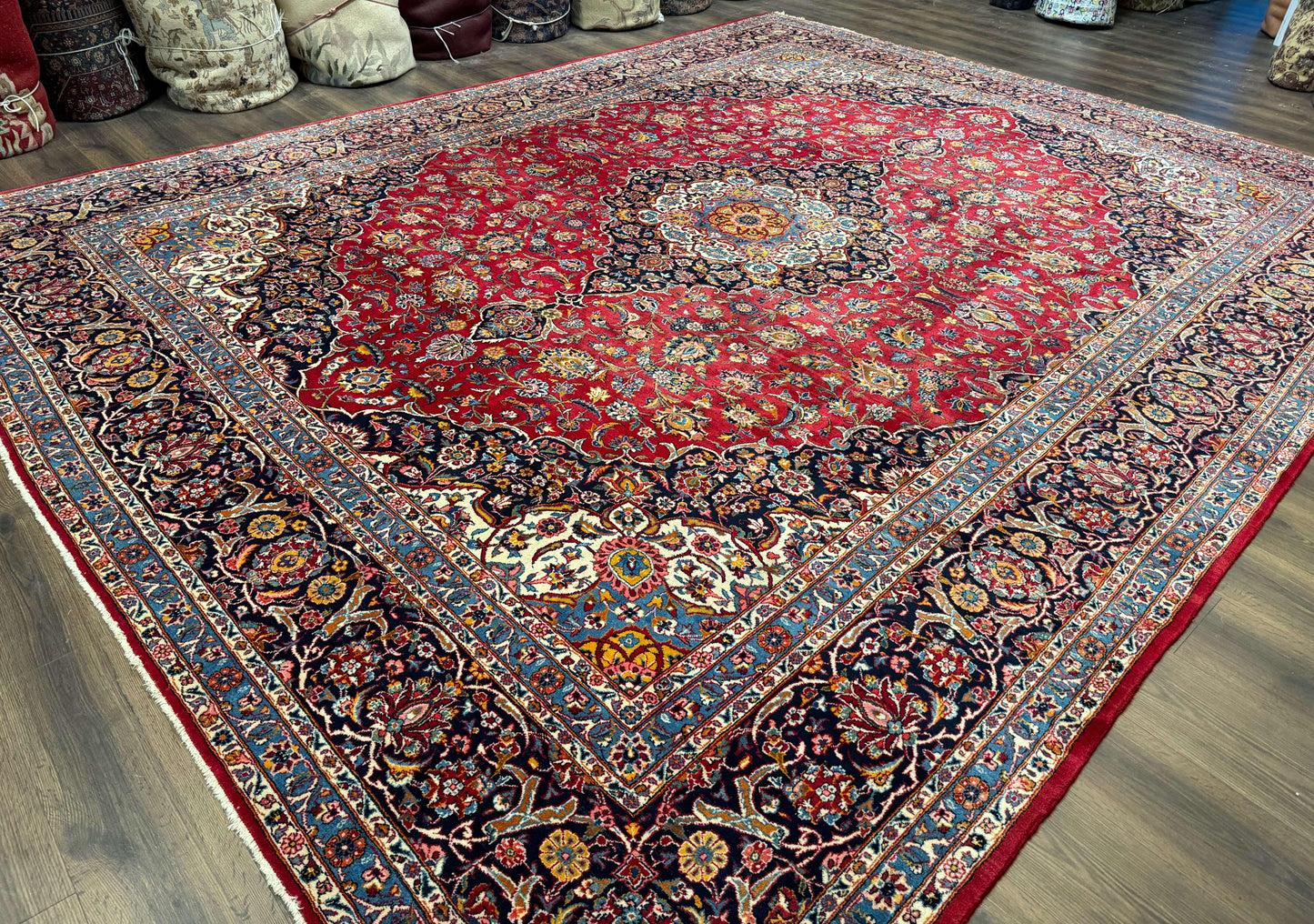 Large Persian Kashan Rug 11x14, Traditional Persian Carpet, Wool, Fine 250 KPSI, Red Navy Blue - Nuvé