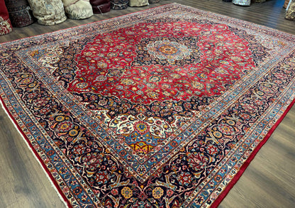 Large Persian Kashan Rug 11x14, Traditional Persian Carpet, Wool, Fine 250 KPSI, Red Navy Blue - Nuvé