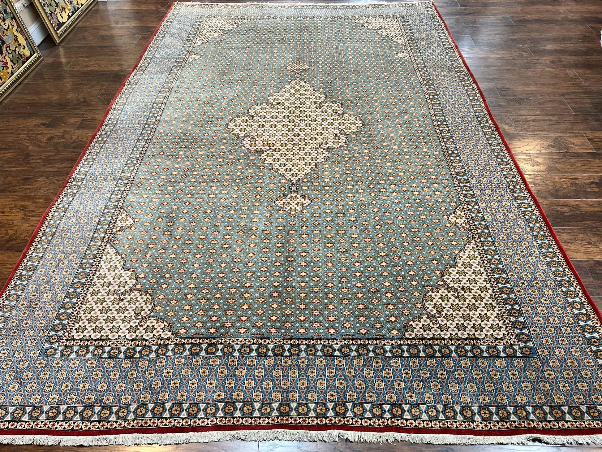 Rare Persian Rug 8x12, Qum Rug, Repeated Star Motifs, Blue and Ivory, Fine 300 KPSI, Hand Knotted Handmade Vintage Wool Rug - Nuvé