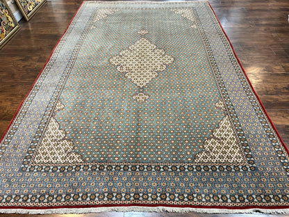 Rare Persian Rug 8x12, Qum Rug, Repeated Star Motifs, Blue and Ivory, Fine 300 KPSI, Hand Knotted Handmade Vintage Wool Rug - Nuvé