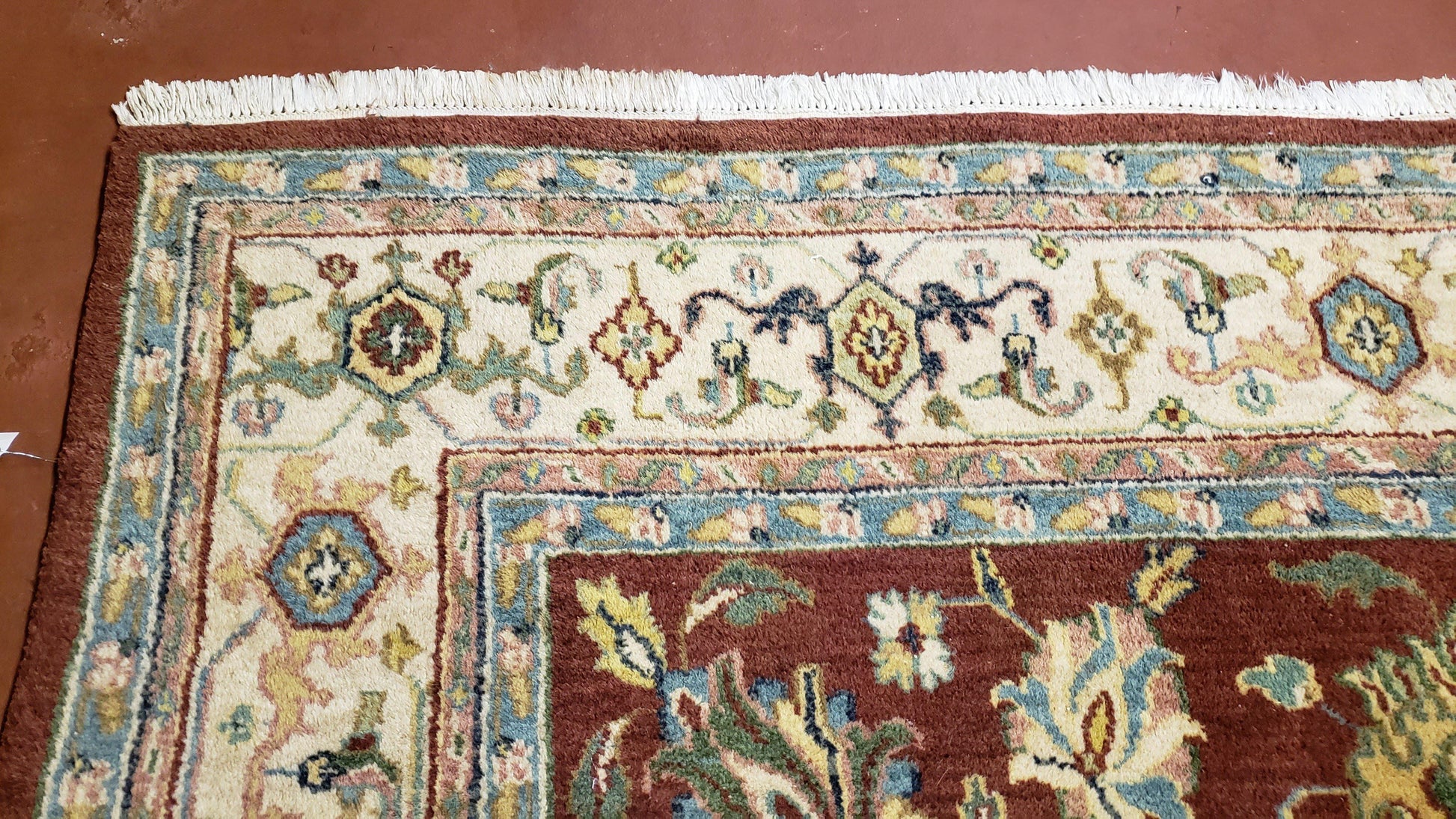 8x12 Indo-Mahal Rug, Floral Allover, Red & Beige, Wool Vintage Handmade Traditional Carpet - Nuvé