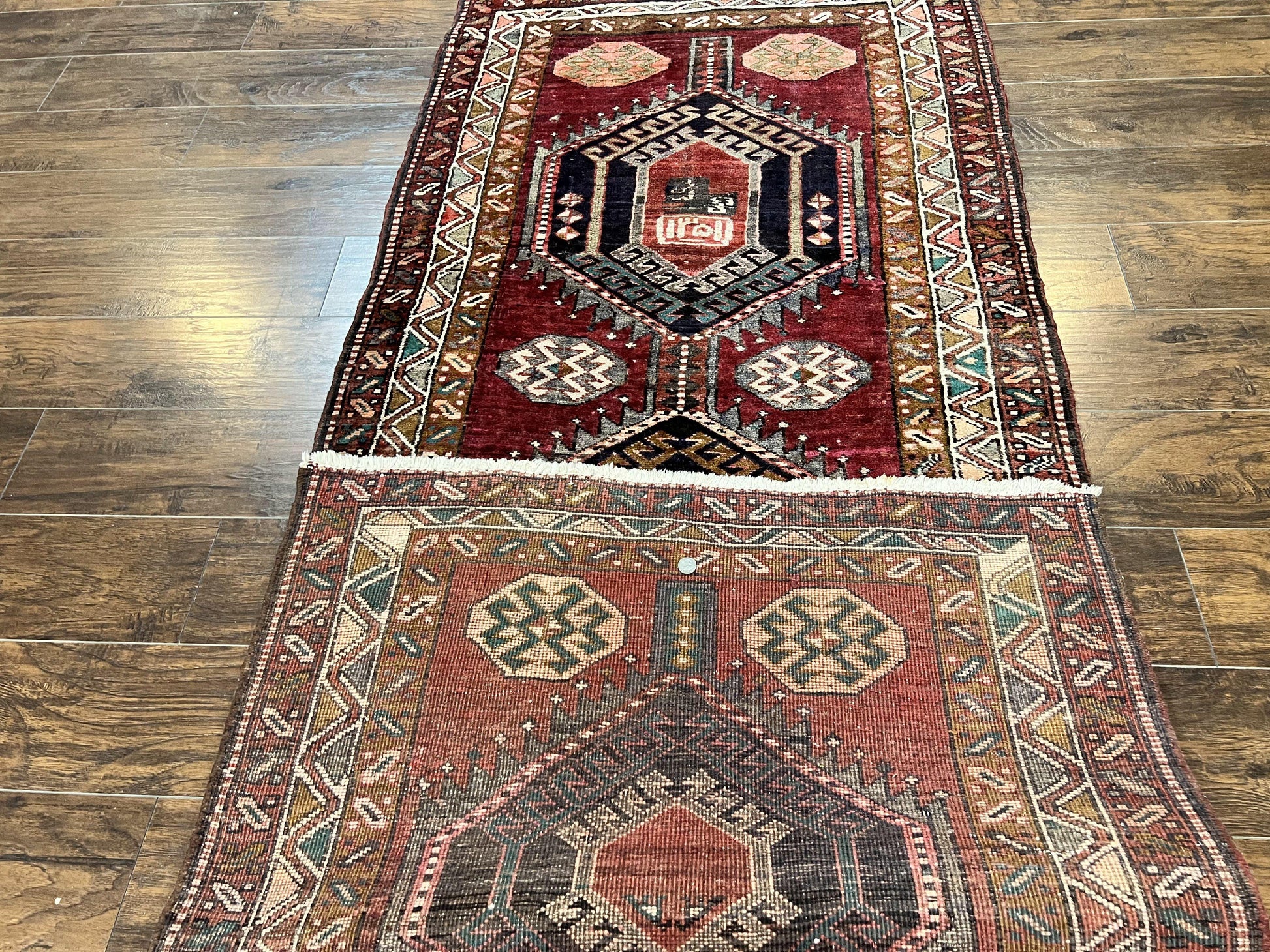 Persian Heriz Runner Rug 3.8 x 8.6, Geometric Design, Large Triple Medallions, Hand Knotted Handmade Vintage Wool Hallway Rug, Red - Nuvé