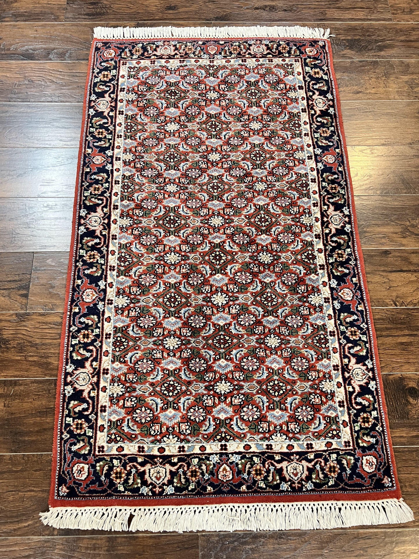 Indo Persian Rug 3x5, Red and Navy Blue, Wool Vintage Handmade Small Carpet 3 x 5 ft, Herati Pattern, Bidjar Rug - Nuvé