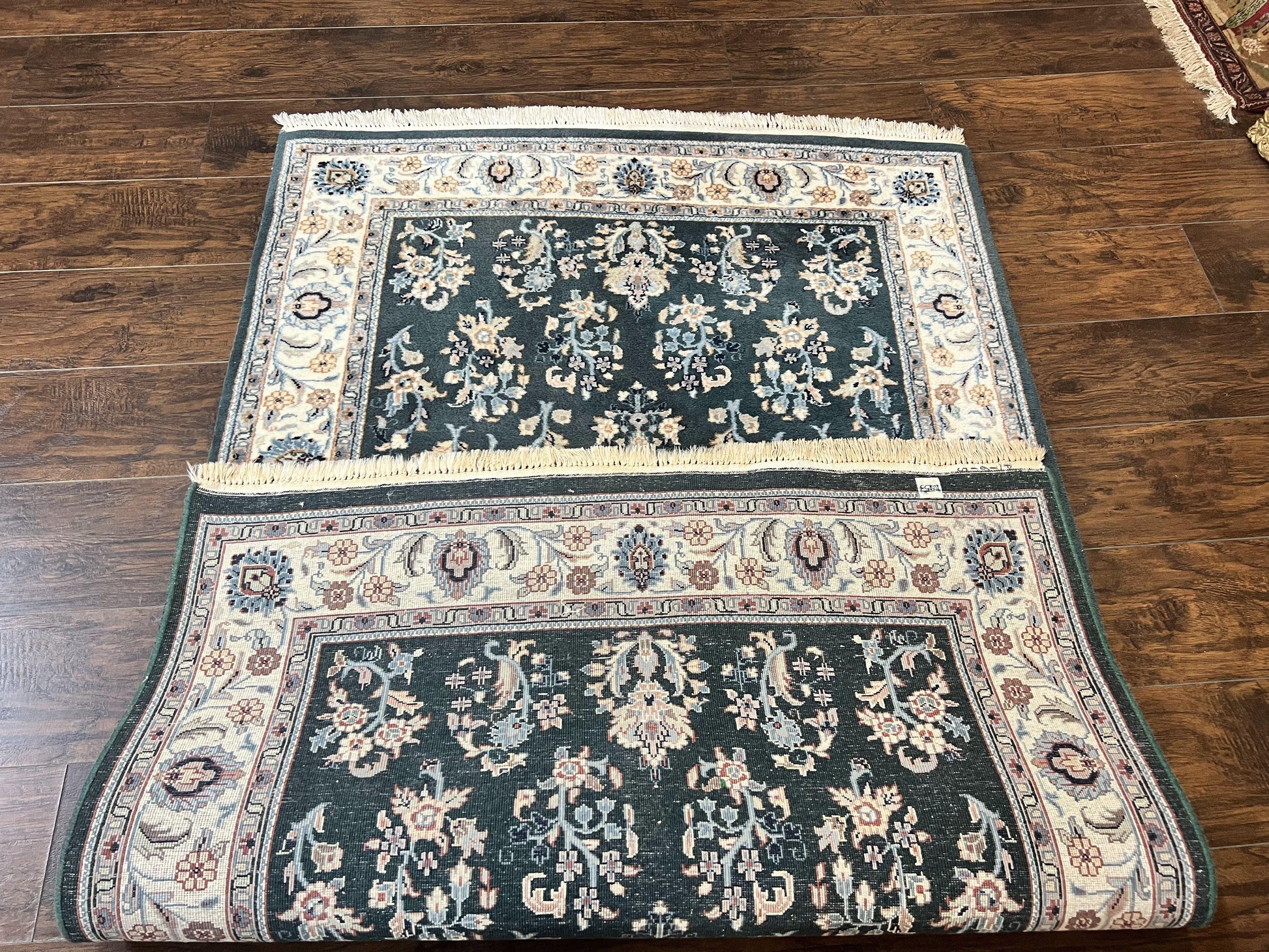 Green Indo Persian Rug 4x6, Floral Allover, Handmade Vintage Oriental Carpet, Sarouk Rug, Wool - Nuvé