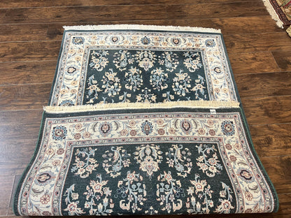 Green Indo Persian Rug 4x6, Floral Allover, Handmade Vintage Oriental Carpet, Sarouk Rug, Wool - Nuvé