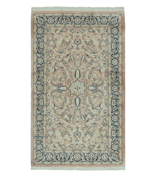 Indian Silk Rug 4x6, Indian Kashmiri Silk Carpet 4 x 6 ft, Vintage Hand Knotted Floral Bird Motifs, Light Pink and Navy Blue, Silk on Cotton