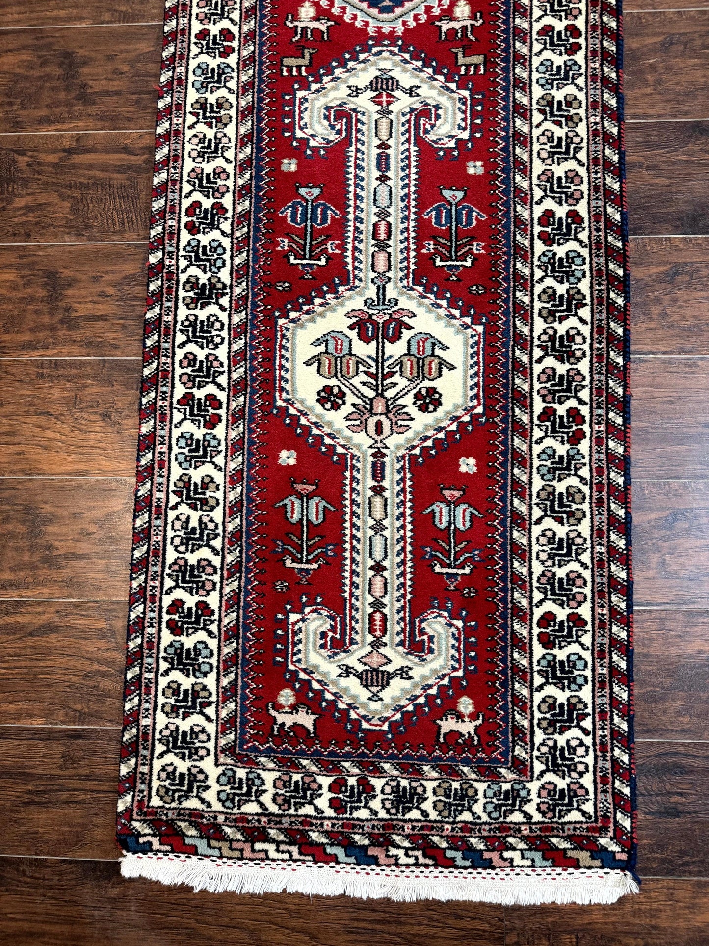 Indo Persian Runner Rug 2.6 x 12, Heriz Geometric Caucasian Design, Animal Pictorials, Tribal Runner Rug, Vintage Handmade Wool Red - Nuvé