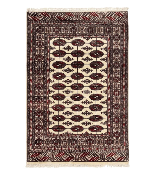 Pakistani Bokhara Rug 4x6, Turkoman Carpet, Vintage Handmade Wool Rug, Ivory