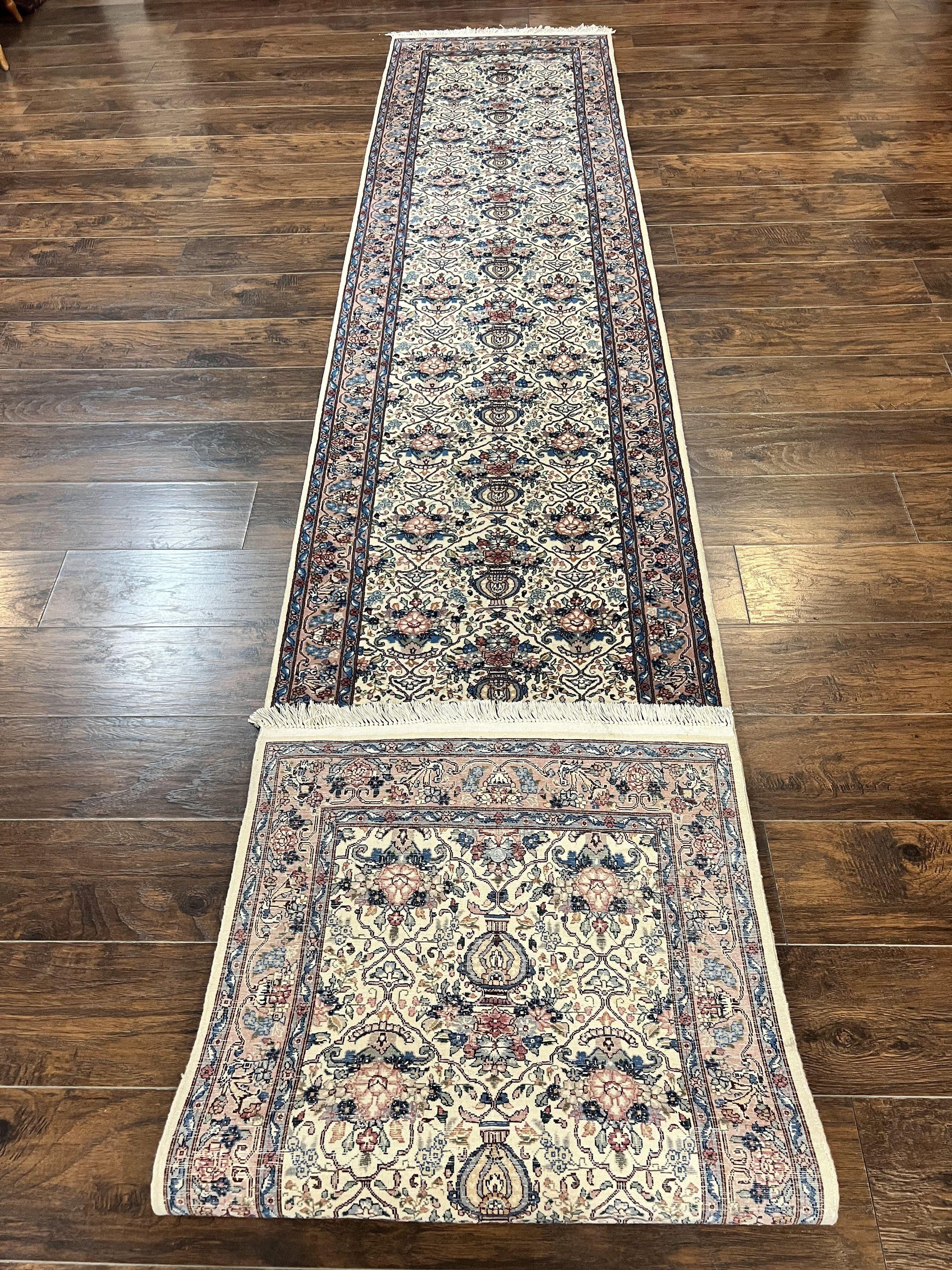 Sino Persian Runner Rug 2.8 x 14, Hand Knotted Vintage Oriental Hallway Rug, 14ft Runner, Cream, Floral, Wool - Nuvé