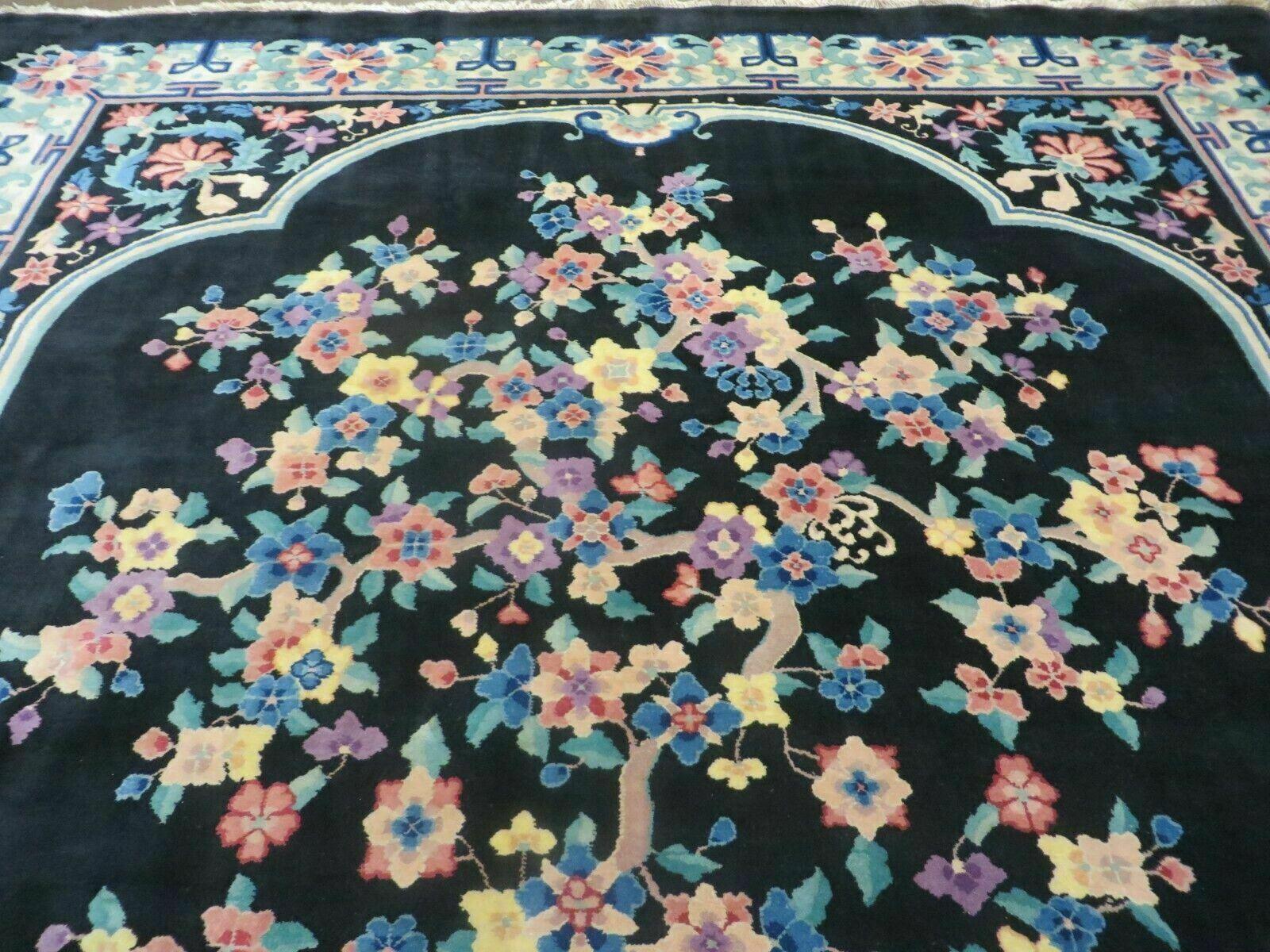 8' x 10' Vintage Handmade Art Deco Plush Chinese Wool Rug center Flower Black - Nuvé
