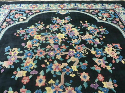8' x 10' Vintage Handmade Art Deco Plush Chinese Wool Rug center Flower Black - Nuvé