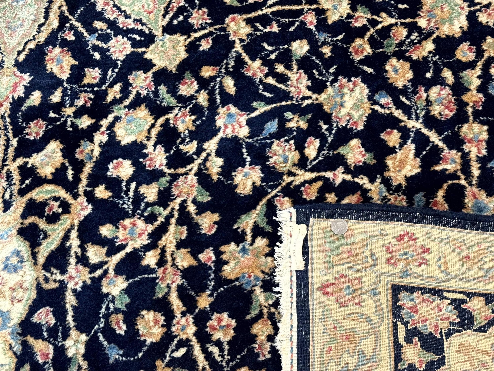 Large Persian Kerman Rug 10x14, Navy Blue and Beige, Floral Medallion, Traditional Elegant Persian Carpet, Signed by Masterweaver - Nuvé