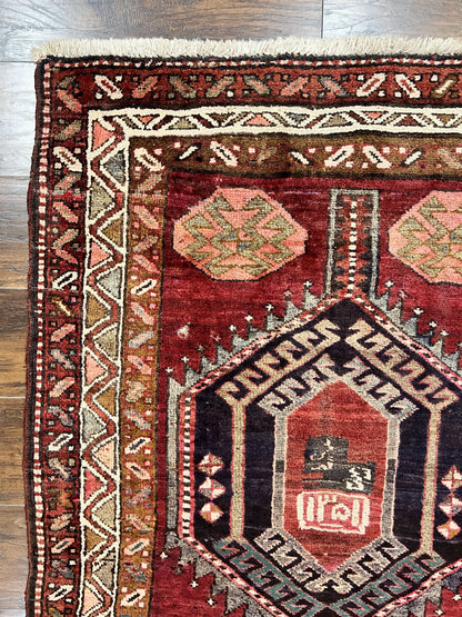Persian Heriz Runner Rug 3.8 x 8.6, Geometric Design, Large Triple Medallions, Hand Knotted Handmade Vintage Wool Hallway Rug, Red