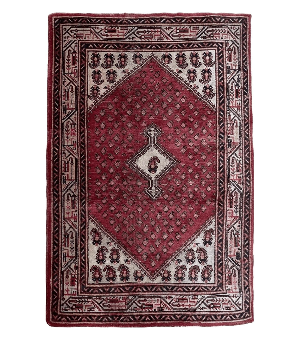 4 X 6.5 Antique Handmade Wool Rug Paisley Boteh Design Tribal Rug Red Ivory