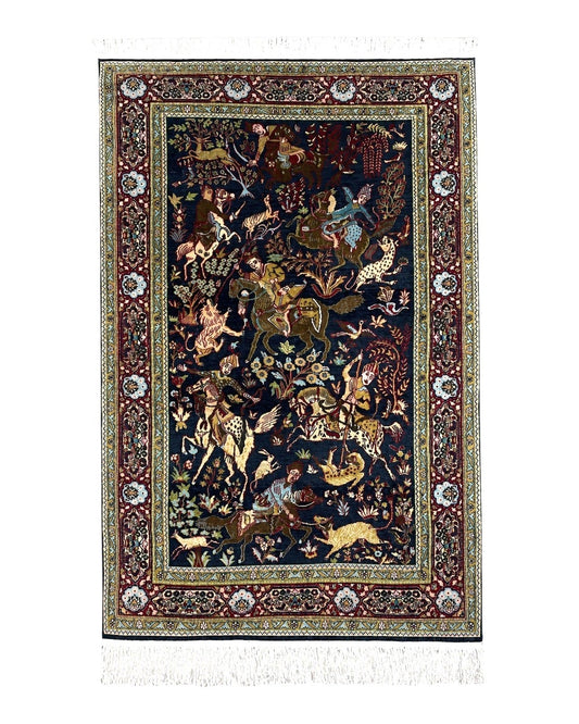 Indian Kashmiri Wool & Silk Rug 4x6 ft, Hunting Scene, Midnight Blue, Hand-Knotted, Archers, Swords, Horses, Vintage Antique Oriental Carpet