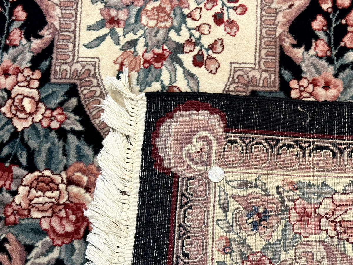 Aubusson Rug 4x6, Elegant European Floral Design, Black and Ivory, Fine 200 KPSI