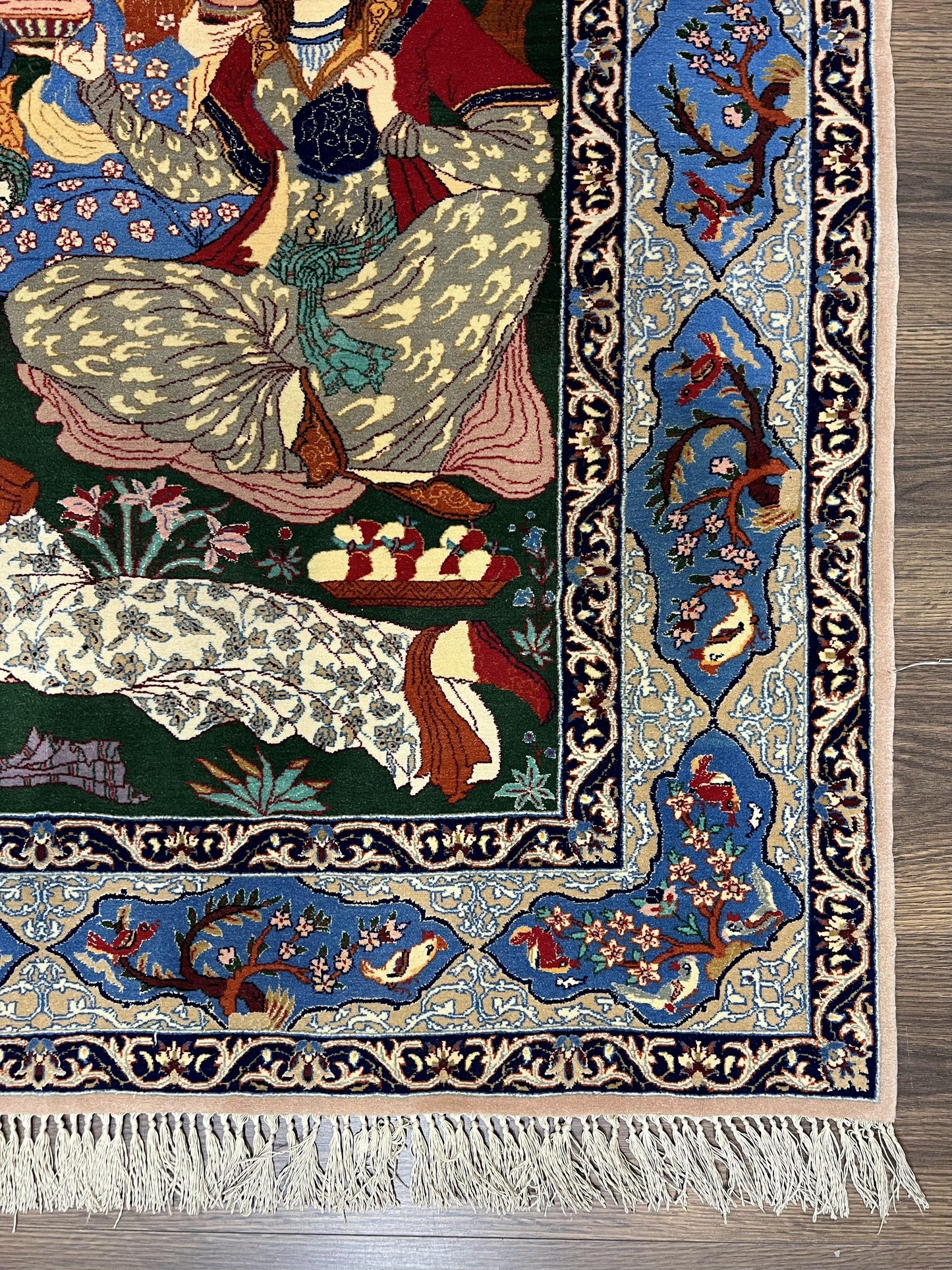 Fine Persian Isfahan Pictorial Rug 3.7 x 5, Kork Wool on Silk Foundation, Blue Persian Carpet, Hand Knotted, Humans Birds, High KPSI, Semi Antique - Nuvé
