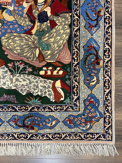 Fine Persian Isfahan Pictorial Rug 3.7 x 5, Kork Wool on Silk Foundation, Blue Persian Carpet, Hand Knotted, Humans Birds, High KPSI, Semi Antique - Nuvé