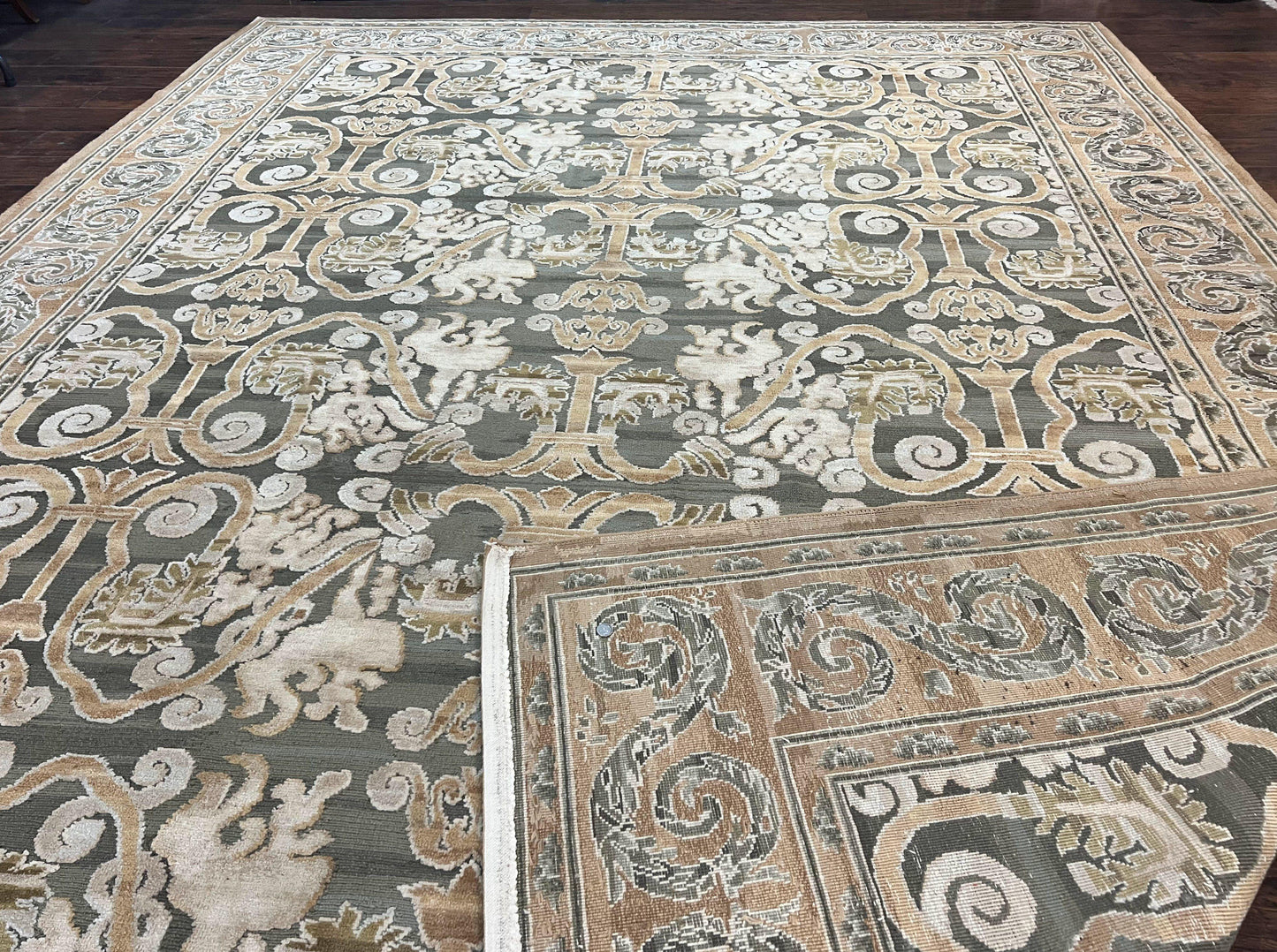Spanish Rug 11x14, Wool Hand Knotted Vintage Carpet, Olive Green and Beige, Floral Allover, European Design, 11 x 14 Rug - Nuvé