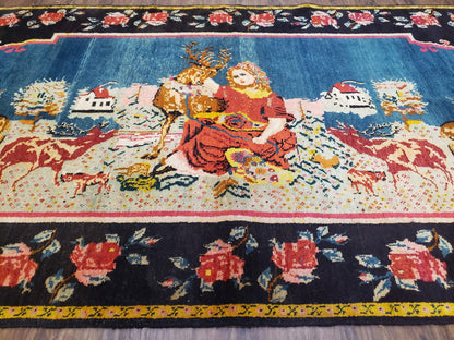 Antique Persian Pictorial Rug 4'6" x 9', Wool Hand-Knotted Blue Roses Karabagh Caucasian Carpet, 1920s Girl Deer Tapestry Wall Hanging Rug - Nuvé