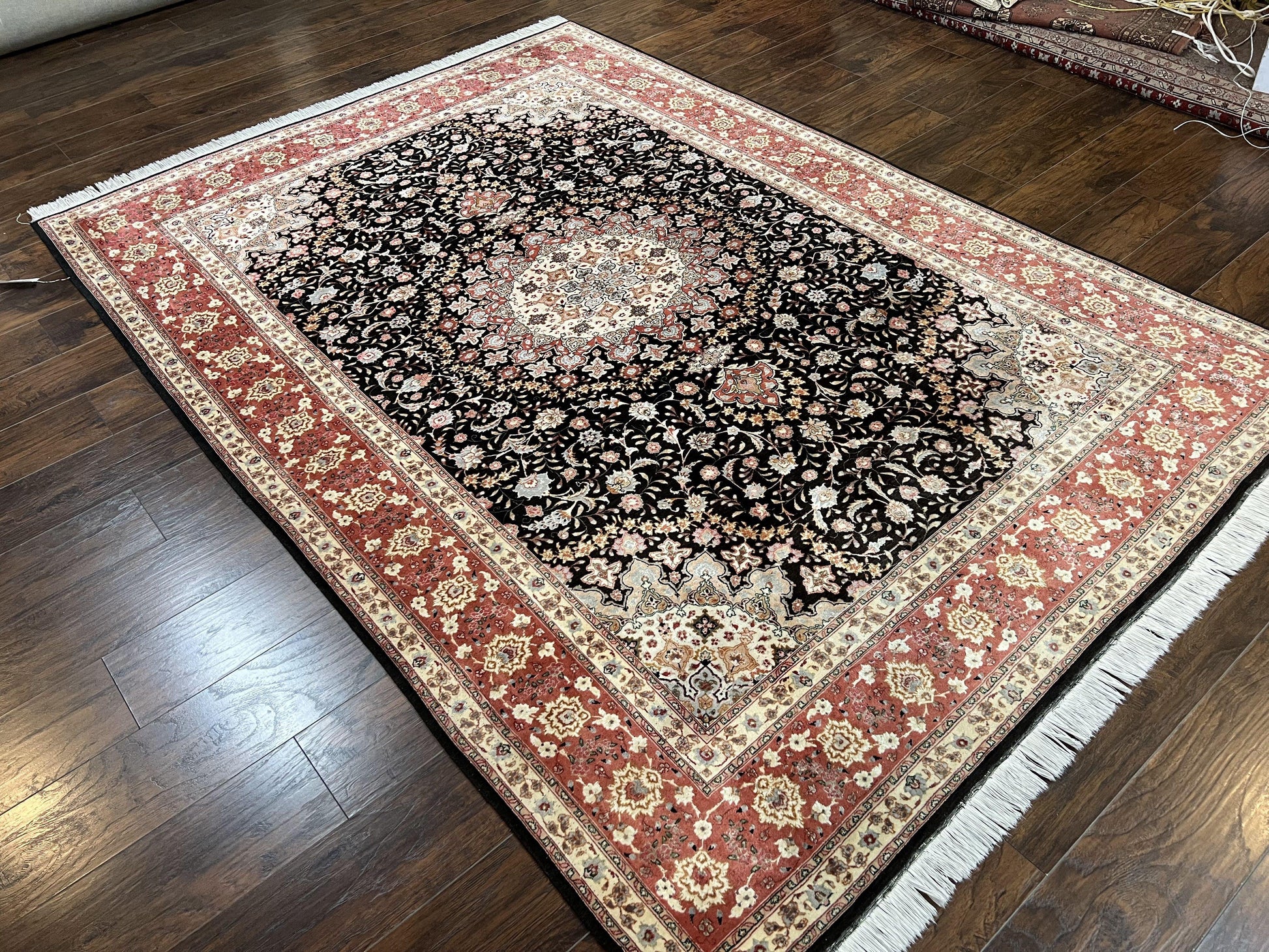 Marvelous Persian Tabriz Rug 7x10 ft, Super Fine 50 Raj, 300+ KPSI, Black and Rust Red, Floral Medallion Handmade Wool Oriental Carpet, Top Quality - Nuvé