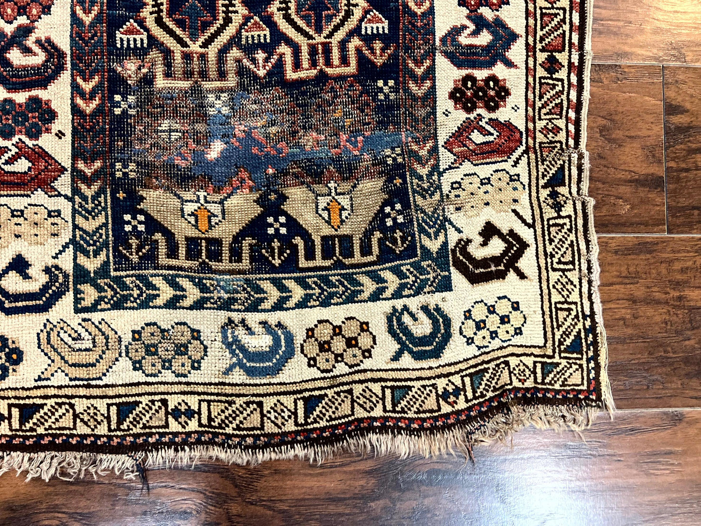 Antique Caucasian Kazak Rug 2.5 x 4, Navy Blue and Ivory, Hand Knotted Handmade Wool Rug - Nuvé