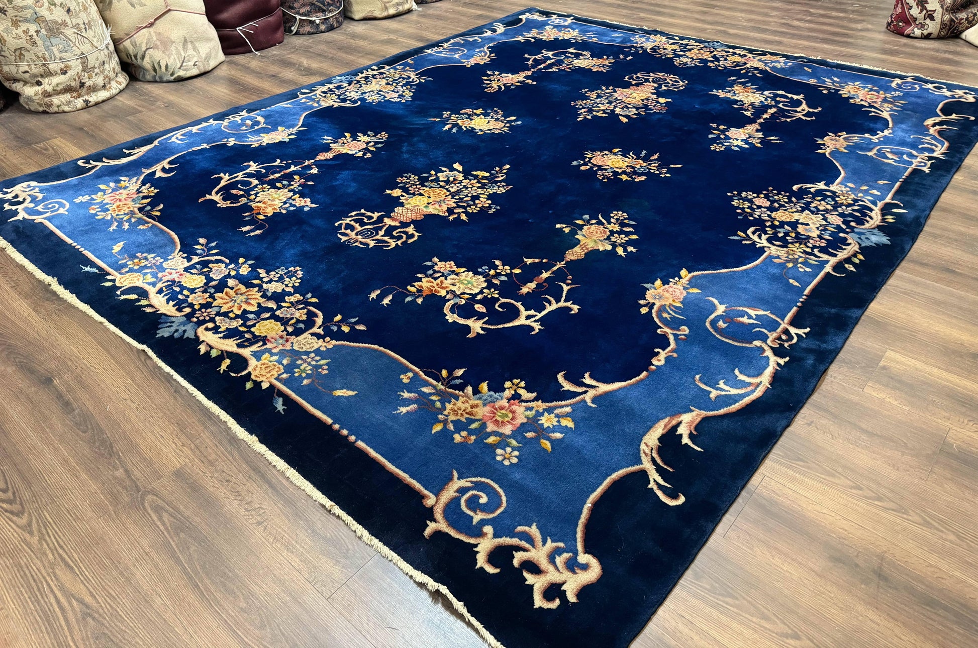 Blue Chinese Art Deco Rug 9x12, Vintage Antique Chinese Wool Rug, Chinese Fette Rug - Nuvé