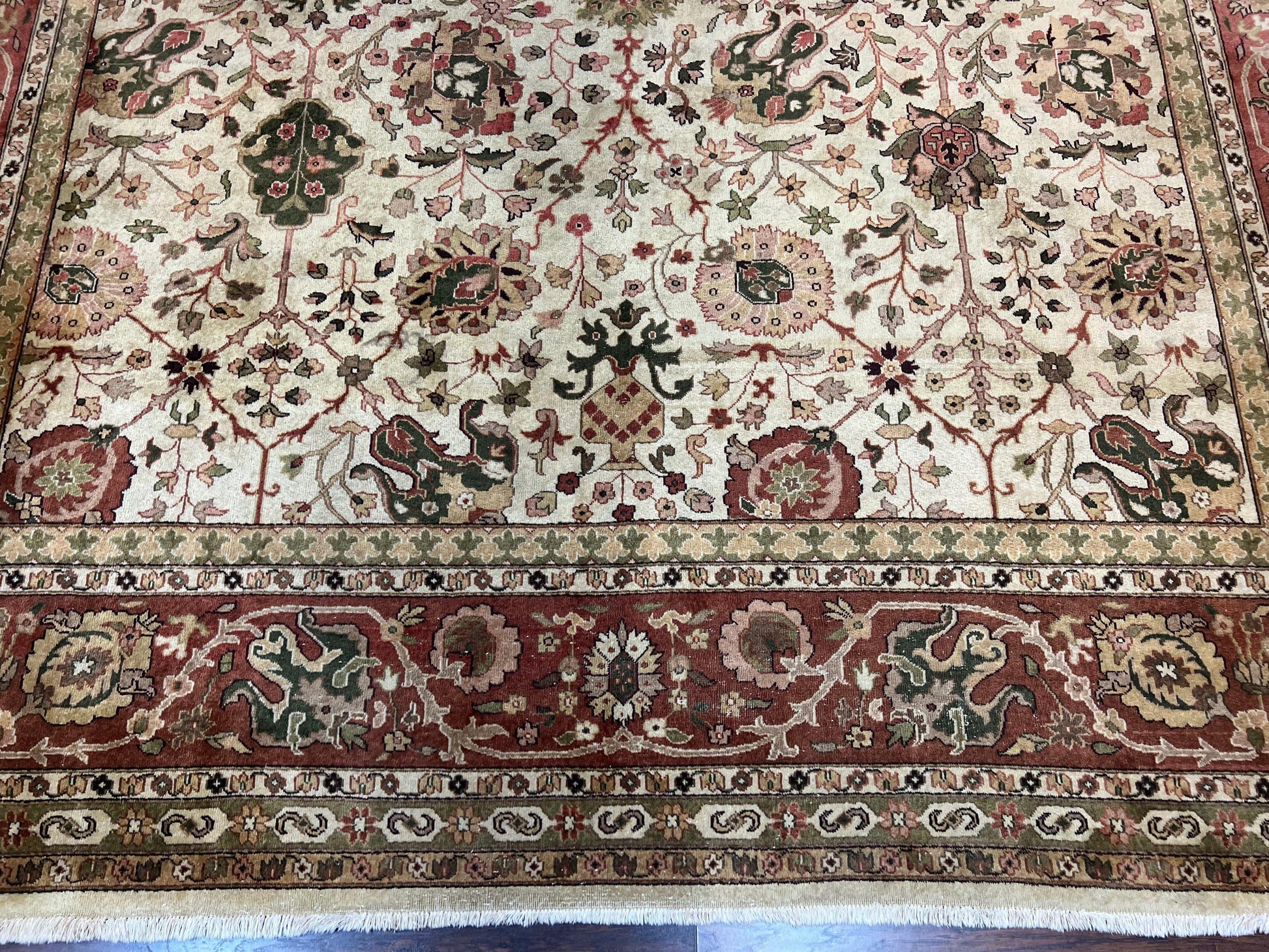Large Indian Rug 10x14, Hand Knotted Indo Persian Gandehar Oriental Carpet, Vintage Wool Rug 10 x 14 ft Cream Red Floral Allover Traditional - Nuvé