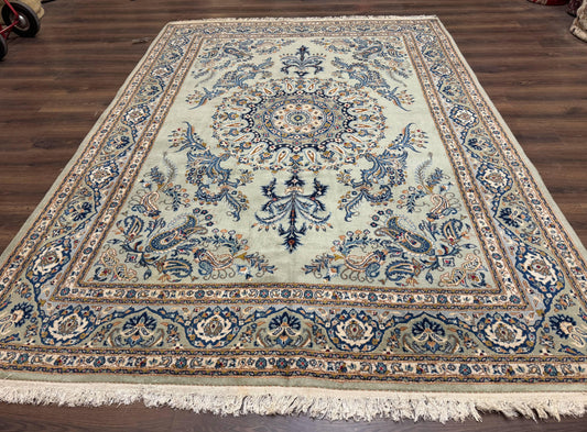 Light Green and Blue Persian Kashan Rug 7x10, Authentic Persian Carpet, Handmade, Wool - Nuvé